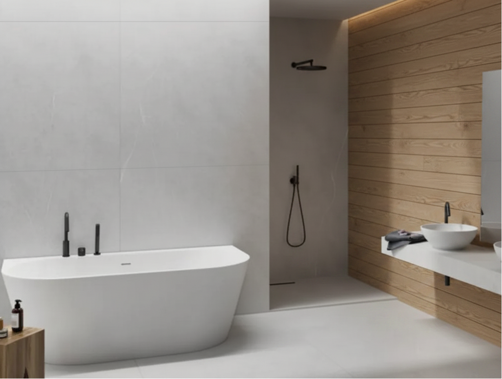 Baño con pared de madera