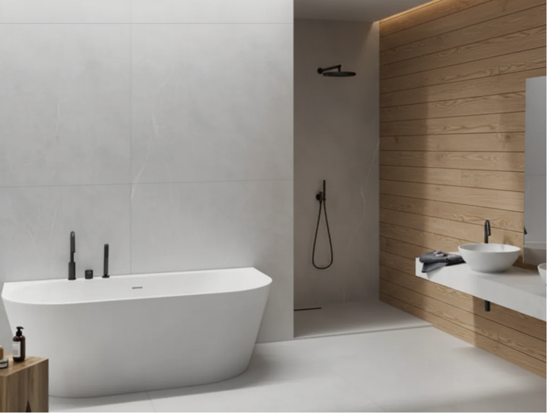 Baño con pared de madera