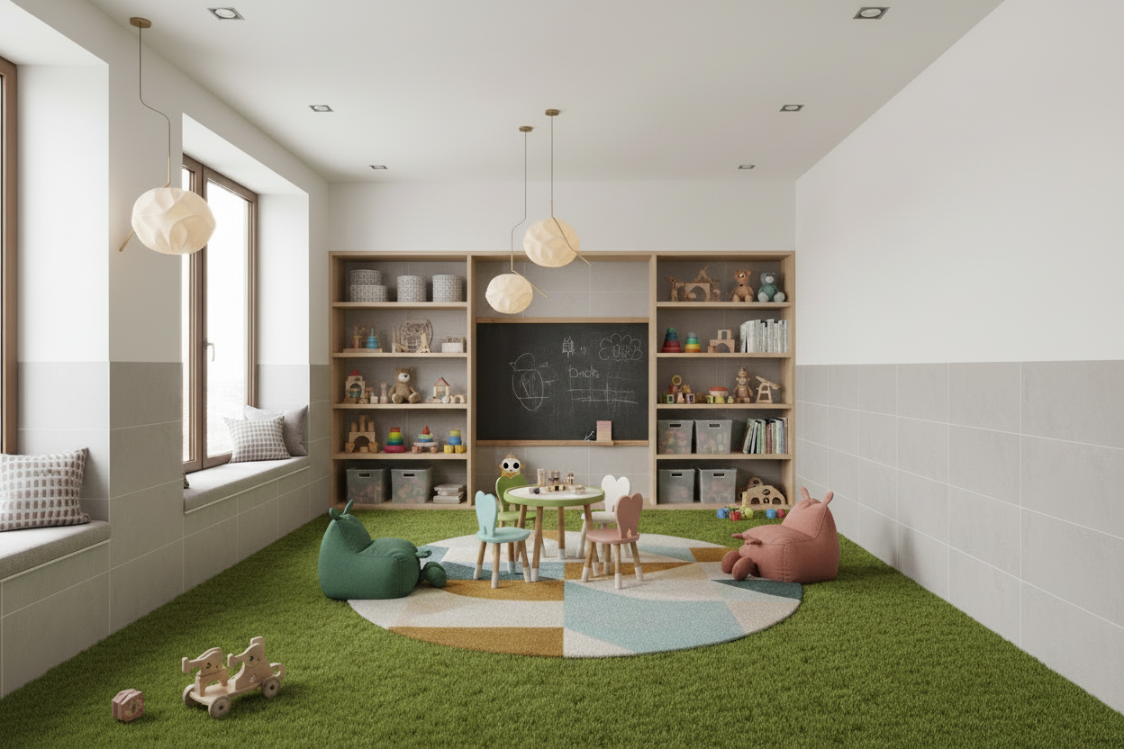 Cuarto de juegos - suelo alfombra grama
