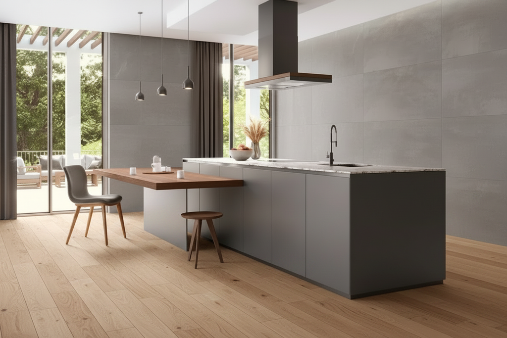 Cocina con suelo de madera