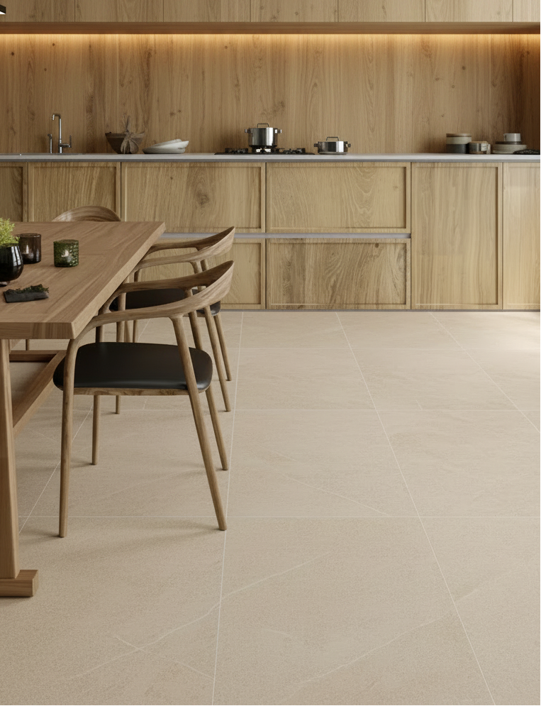 Cocina con pared superior en madera