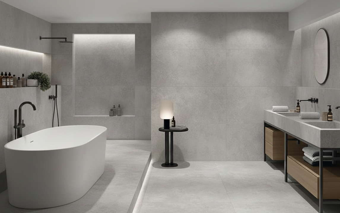 Baño con bañera blanca exenta