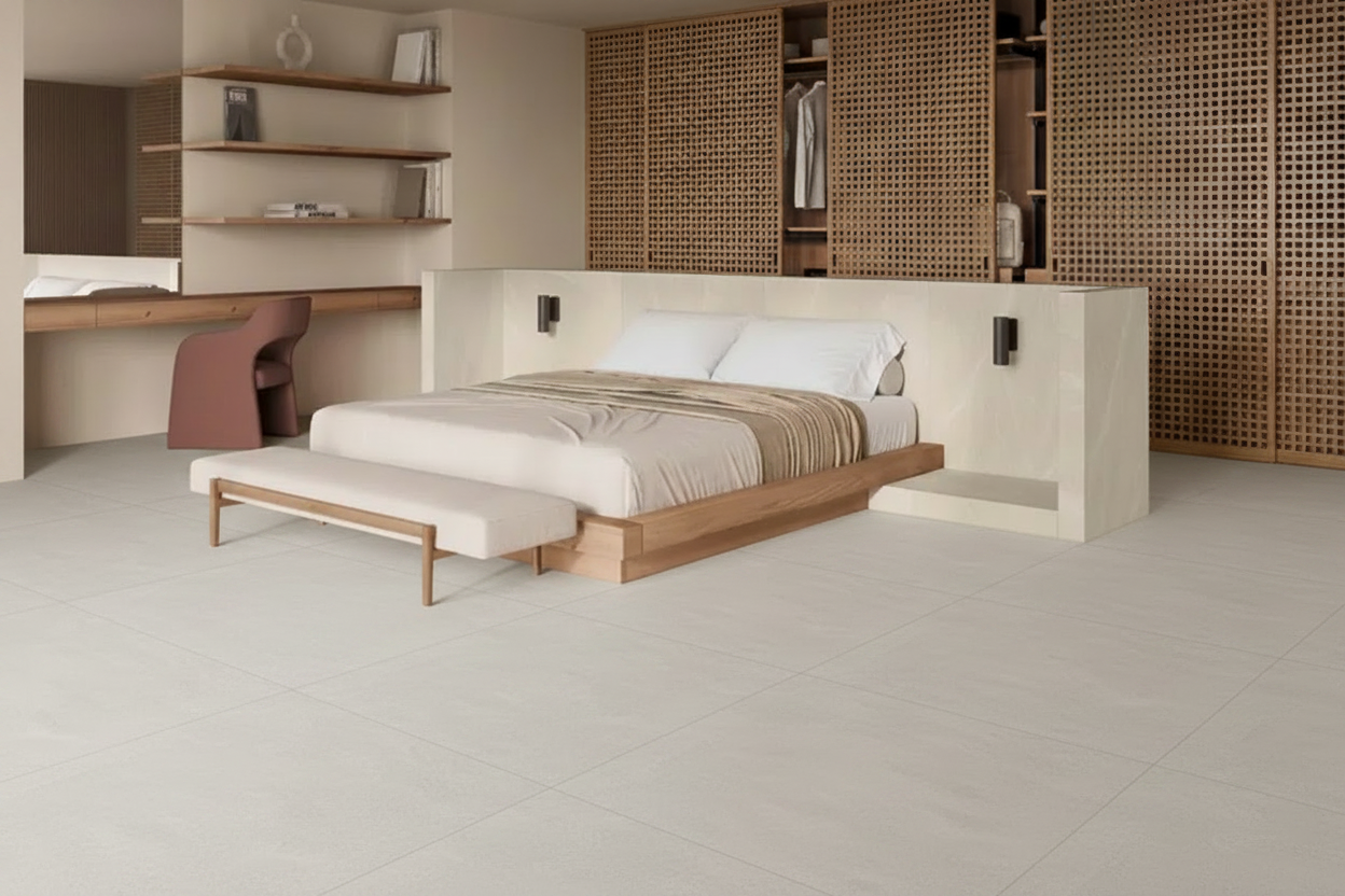 Dormitorio con suelo Alderbaran gris