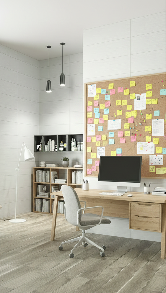 Estudio con tablero de notas adhesivas