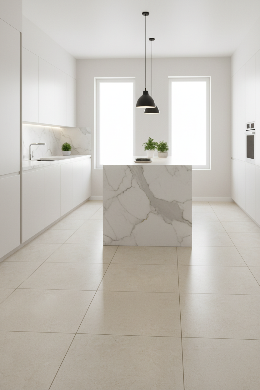 Porcelánico Calcarea Beige en cocina