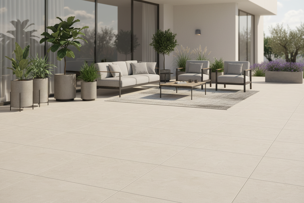 Porcelánico Calcarea Beige en terraza